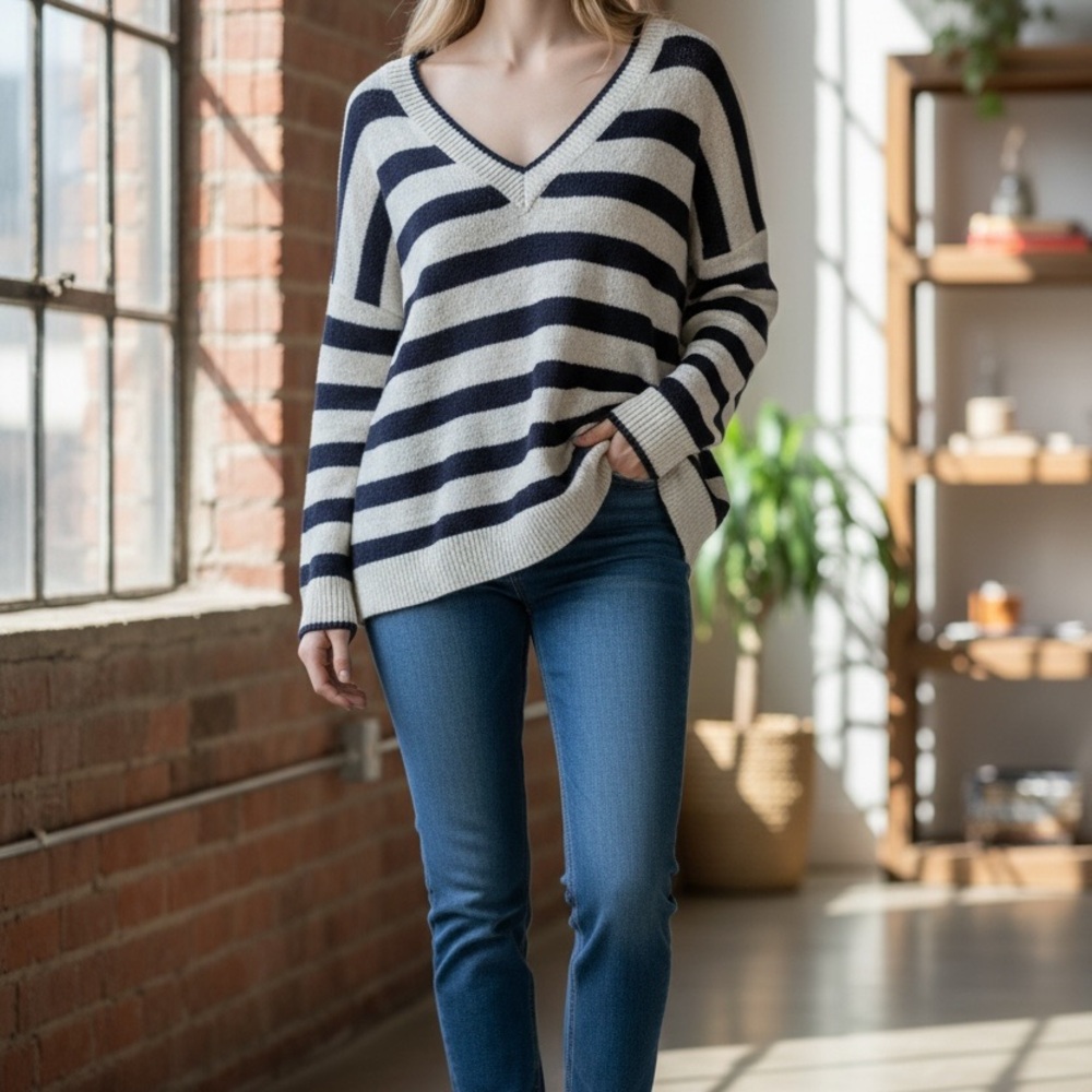 Philosophy Striped V-Neck Sweater in Black and Cream